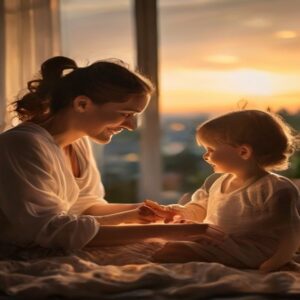 Routine familiale apaisee avec parent et enfant